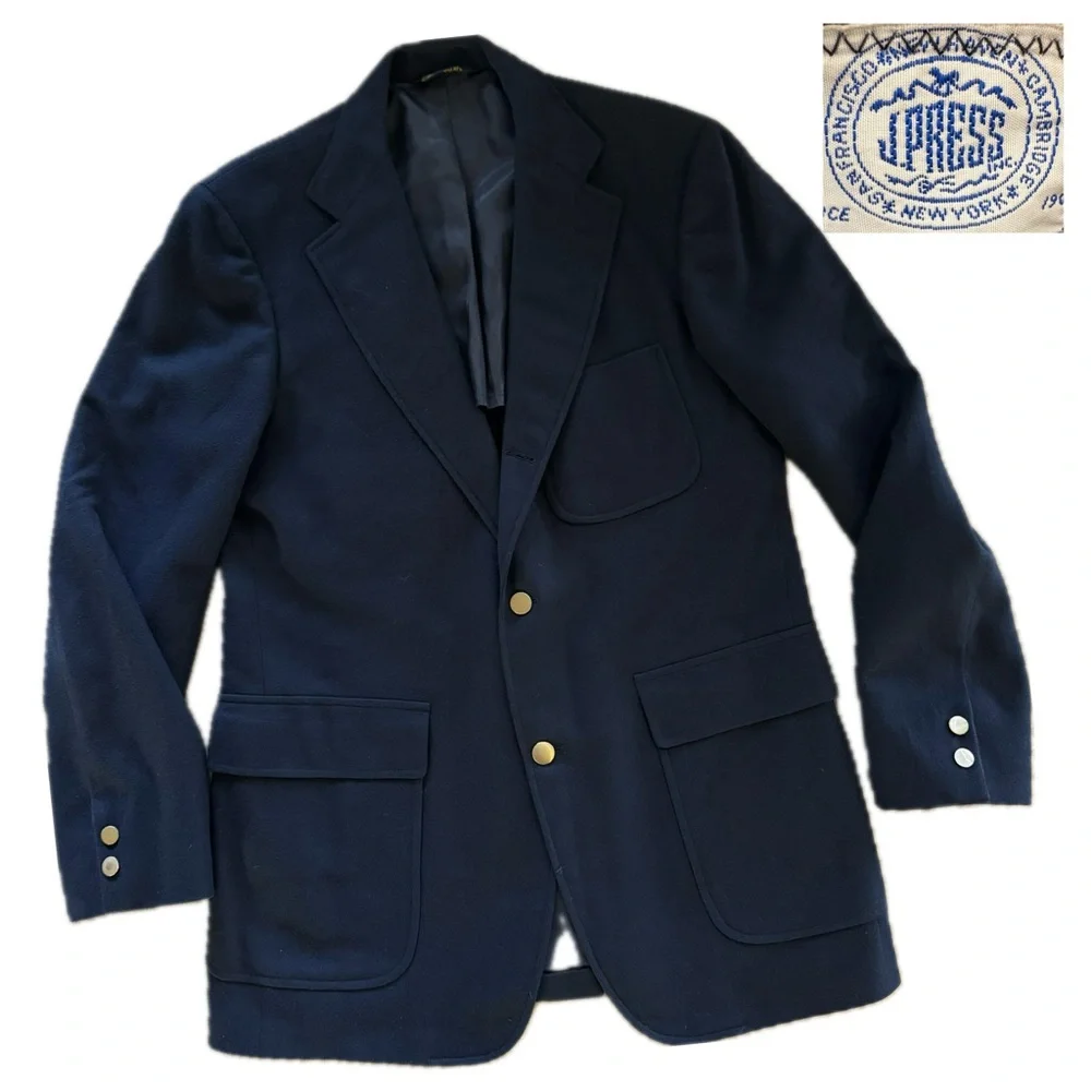 VTG J Press Solid Navy Blue, Wool Flannel Knit, Gold Button Blazer, Made in USA